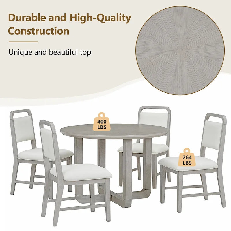 5-Piece Round Dining Table Set Vintage Wood Dining Table and Chair Set with Radial Wood Grain Top for Dining Room Kitchen
