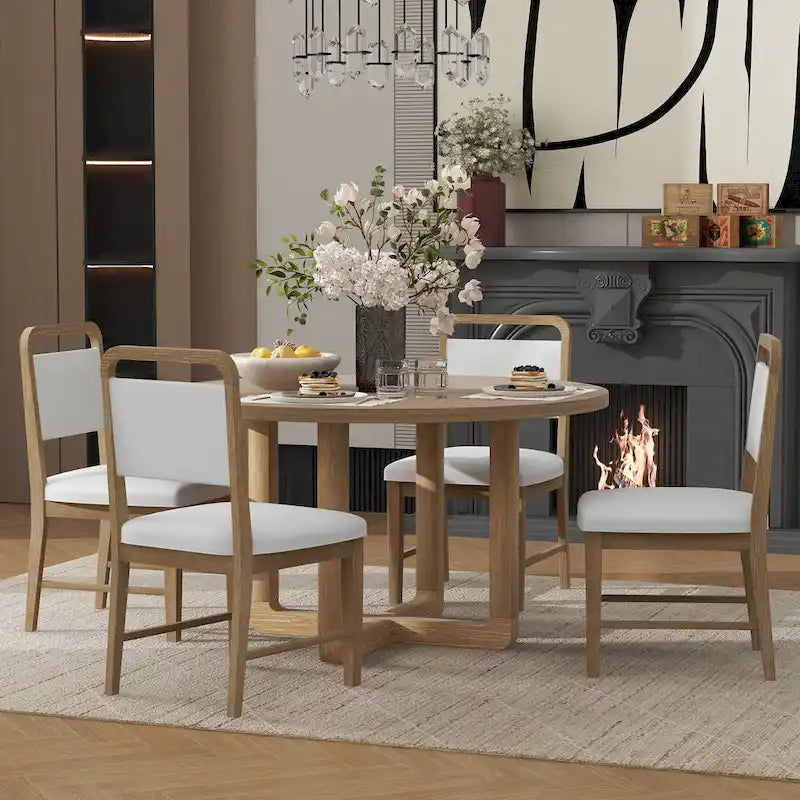5-Piece Round Dining Table Set Vintage Wood Dining Table and Chair Set with Radial Wood Grain Top for Dining Room Kitchen