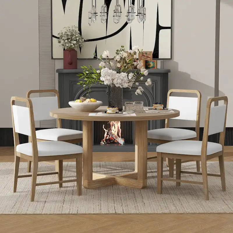 5-Piece Round Dining Table Set Vintage Wood Dining Table and Chair Set with Radial Wood Grain Top for Dining Room Kitchen