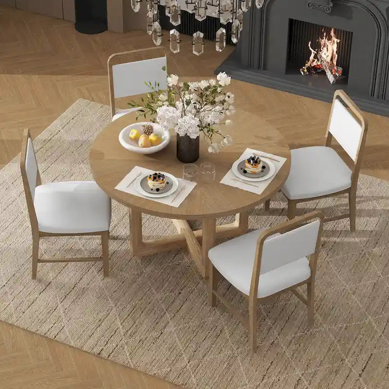 5-Piece Round Dining Table Set Vintage Wood Dining Table and Chair Set with Radial Wood Grain Top for Dining Room Kitchen