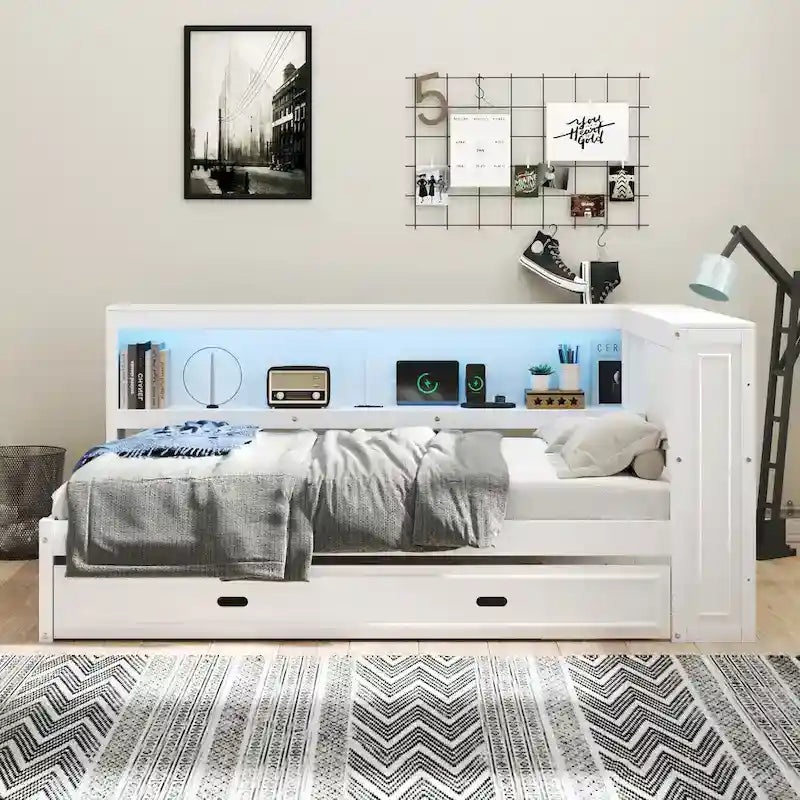 Full Daybed with Shelves, USB Charging, LED Lights & Twin Trundle