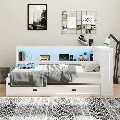 Full Daybed with Shelves, USB Charging, LED Lights & Twin Trundle