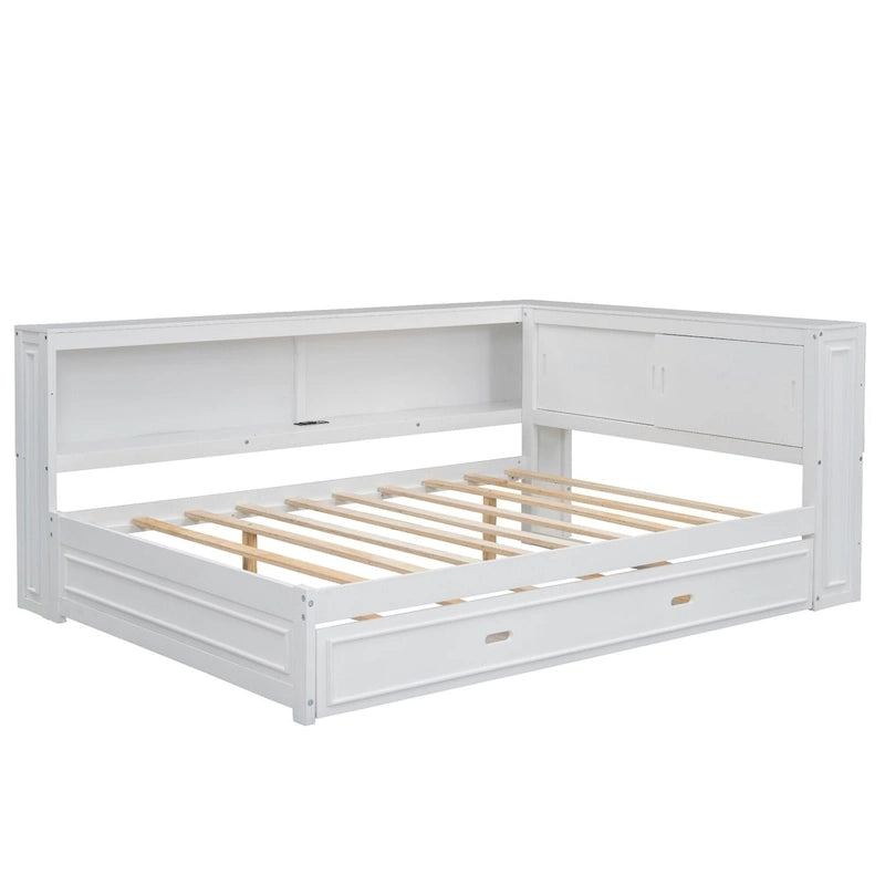Full Daybed with Shelves, USB Charging, LED Lights & Twin Trundle