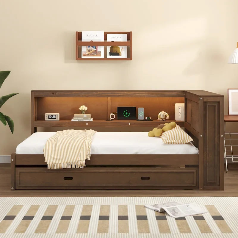 Full Daybed with Shelves, USB Charging, LED Lights & Twin Trundle