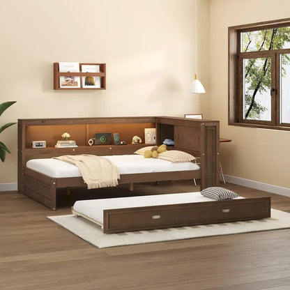 Full Daybed with Shelves, USB Charging, LED Lights & Twin Trundle