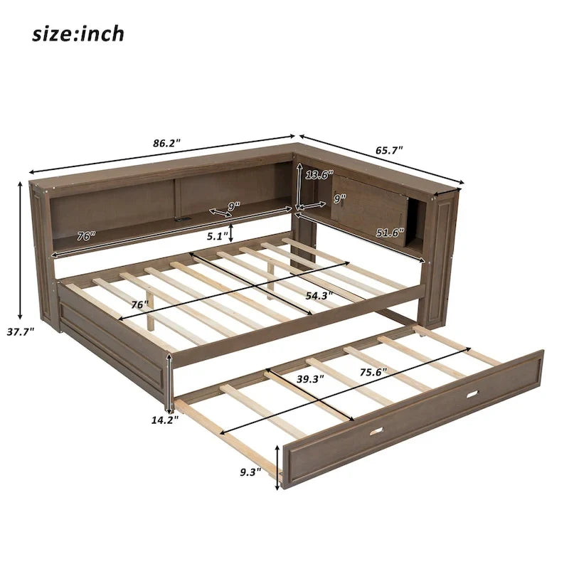 Full Daybed with Shelves, USB Charging, LED Lights & Twin Trundle