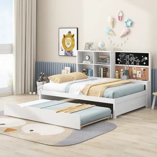Full Pine Daybed with Blackboard, USB & Trundle