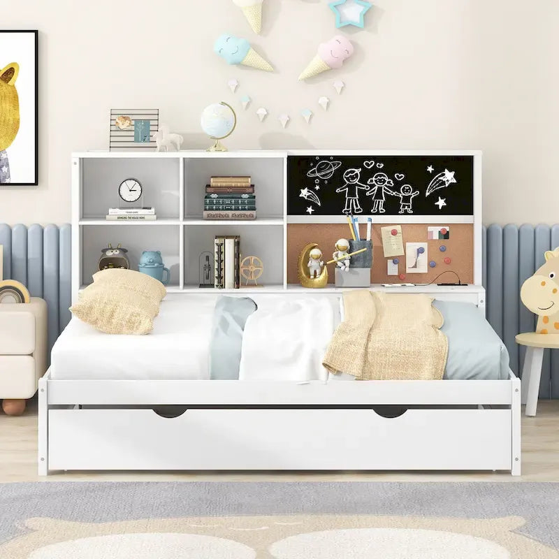 Full Pine Daybed with Blackboard, USB & Trundle