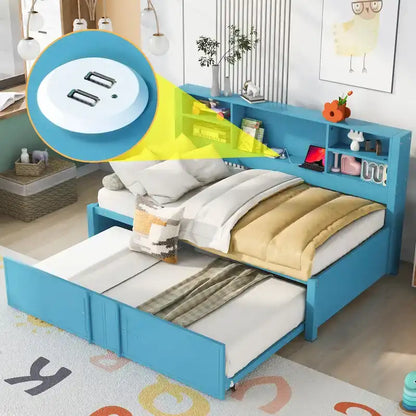 Metal Twin Size Daybed w/Twin Size Trundle, Storage Shelves, USB Ports
