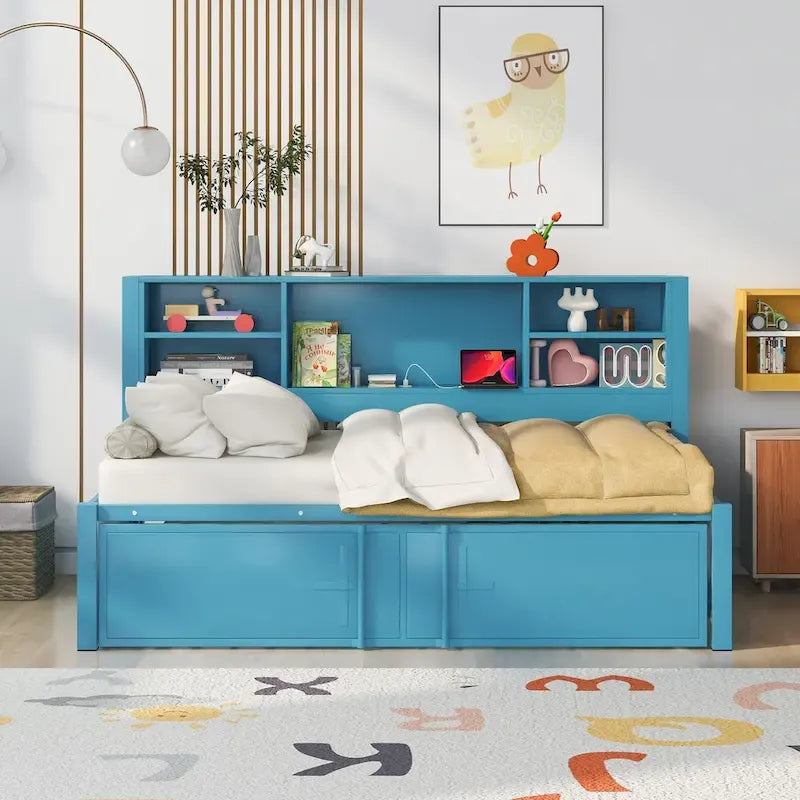 Metal Twin Size Daybed w/Twin Size Trundle, Storage Shelves, USB Ports