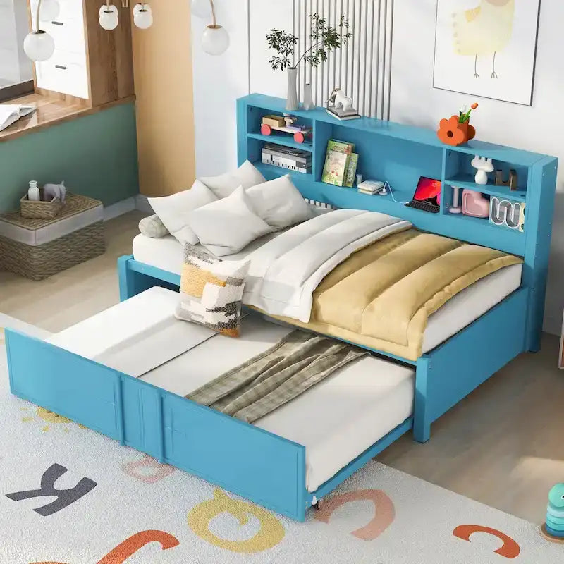 Metal Twin Size Daybed w/Twin Size Trundle, Storage Shelves, USB Ports