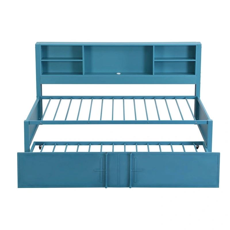 Metal Twin Size Daybed w/Twin Size Trundle, Storage Shelves, USB Ports