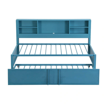 Metal Twin Size Daybed w/Twin Size Trundle, Storage Shelves, USB Ports