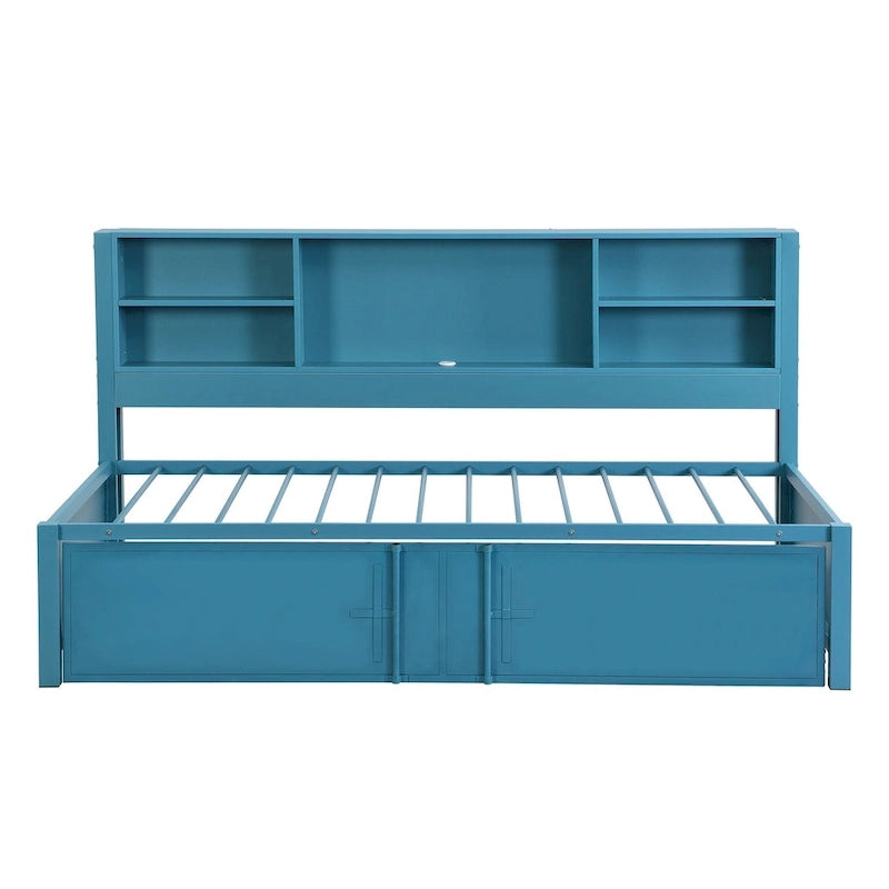 Metal Twin Size Daybed w/Twin Size Trundle, Storage Shelves, USB Ports