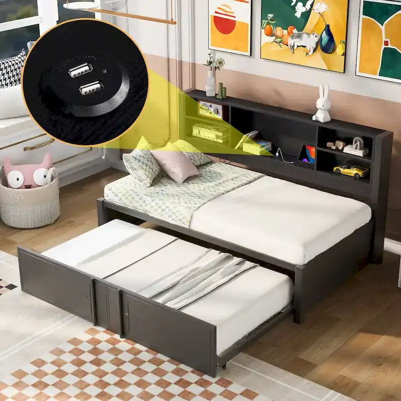 Metal Twin Size Daybed w/Twin Size Trundle, Storage Shelves, USB Ports