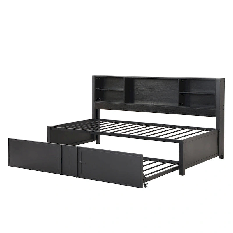 Metal Twin Size Daybed w/Twin Size Trundle, Storage Shelves, USB Ports