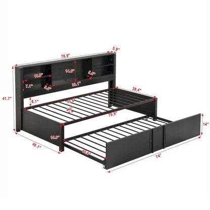 Metal Twin Size Daybed w/Twin Size Trundle, Storage Shelves, USB Ports
