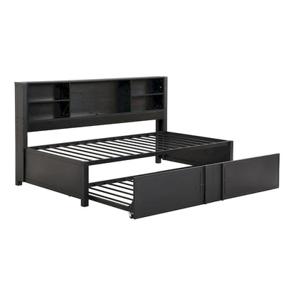 Metal Twin Size Daybed w/Twin Size Trundle, Storage Shelves, USB Ports