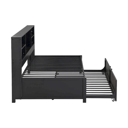 Metal Twin Size Daybed w/Twin Size Trundle, Storage Shelves, USB Ports