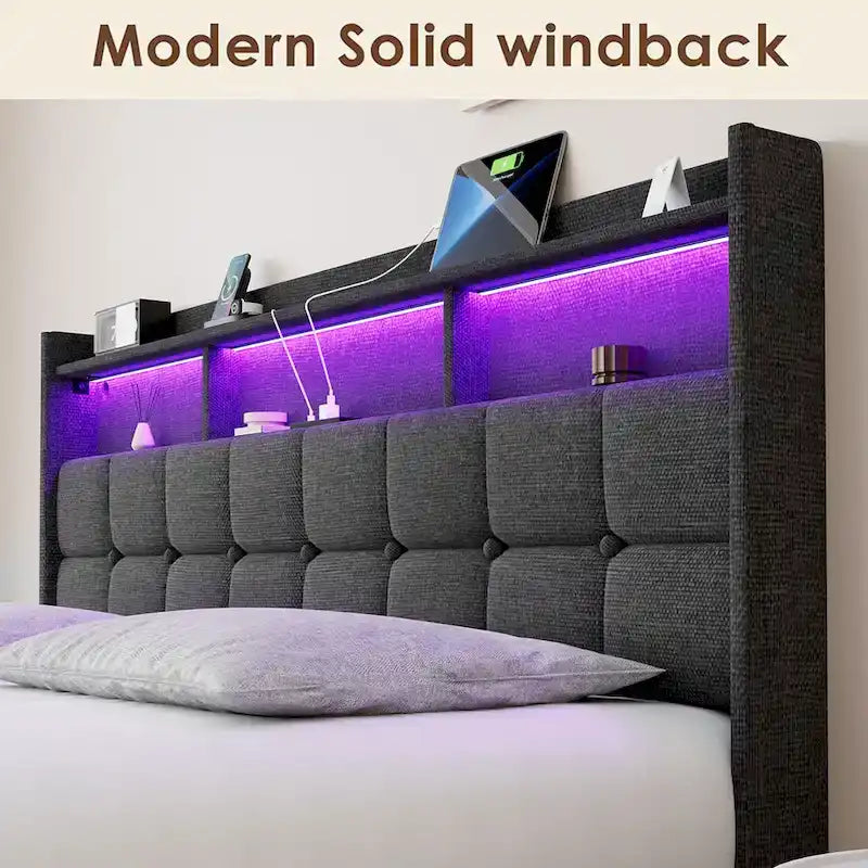 King Platform Bed with Charging Headboard, RGB Lights & 20W USB Ports