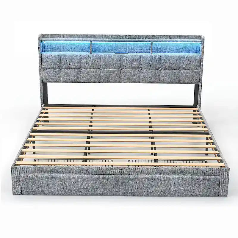 King Platform Bed with Charging Headboard, RGB Lights & 20W USB Ports
