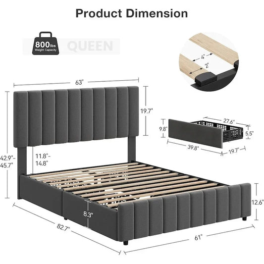 Grey Queen Linen Upholstered Bed Frame with 4 Storage Drawers