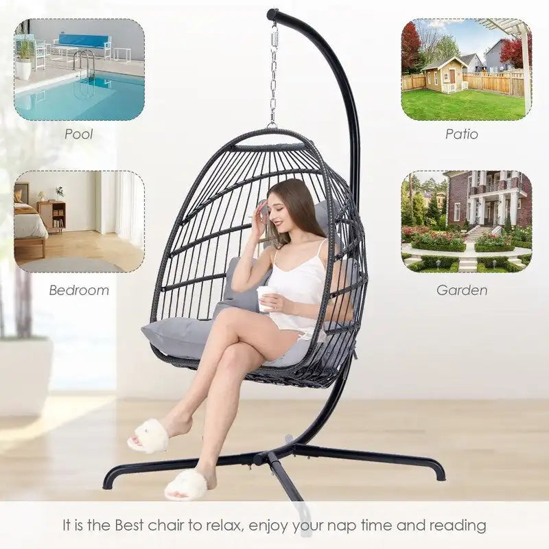 FINCATI Indoor Egg Swing Chair with Stand, 350 lbs Hanging Egg Chair with Stand, Outdoor Patio Wicker Hammock with Stand