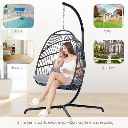 FINCATI Indoor Egg Swing Chair with Stand, 350 lbs Hanging Egg Chair with Stand, Outdoor Patio Wicker Hammock with Stand