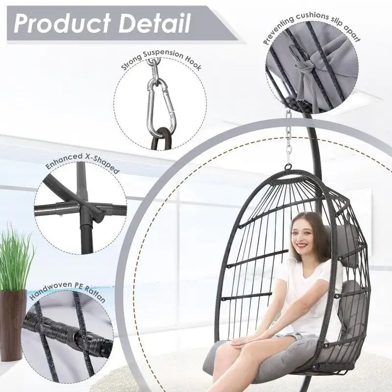 FINCATI Indoor Egg Swing Chair with Stand, 350 lbs Hanging Egg Chair with Stand, Outdoor Patio Wicker Hammock with Stand
