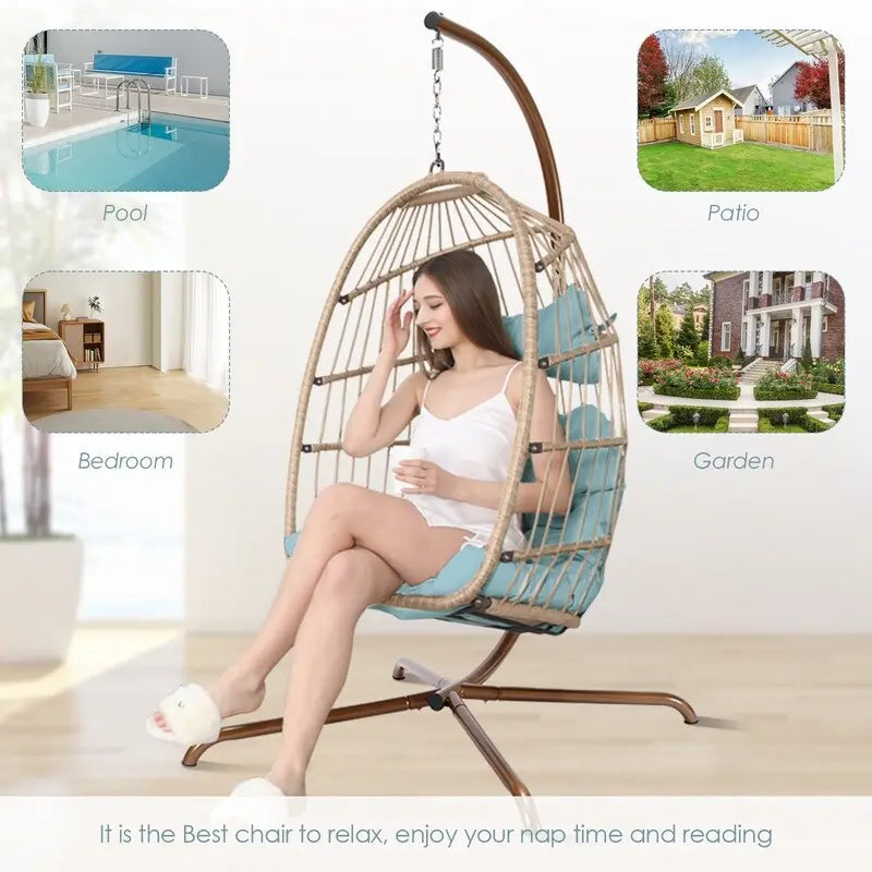 FINCATI Indoor Egg Swing Chair with Stand, 350 lbs Hanging Egg Chair with Stand, Outdoor Patio Wicker Hammock with Stand