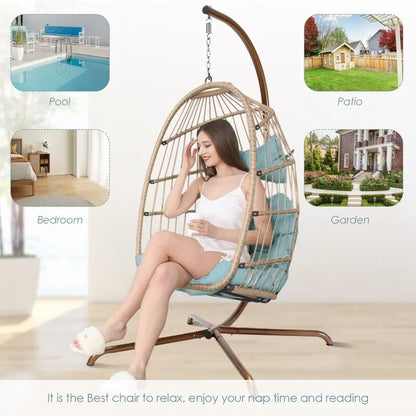 FINCATI Indoor Egg Swing Chair with Stand, 350 lbs Hanging Egg Chair with Stand, Outdoor Patio Wicker Hammock with Stand