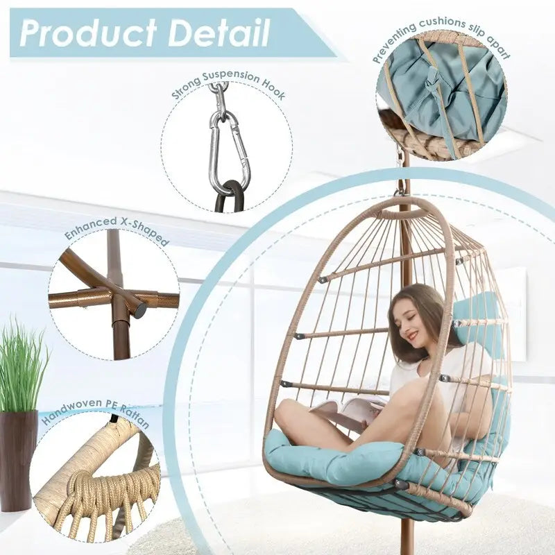 FINCATI Indoor Egg Swing Chair with Stand, 350 lbs Hanging Egg Chair with Stand, Outdoor Patio Wicker Hammock with Stand
