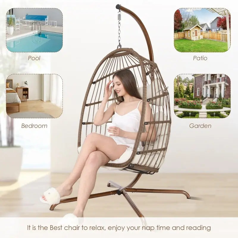 FINCATI Indoor Egg Swing Chair with Stand, 350 lbs Hanging Egg Chair with Stand, Outdoor Patio Wicker Hammock with Stand