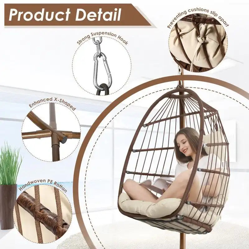 FINCATI Indoor Egg Swing Chair with Stand, 350 lbs Hanging Egg Chair with Stand, Outdoor Patio Wicker Hammock with Stand