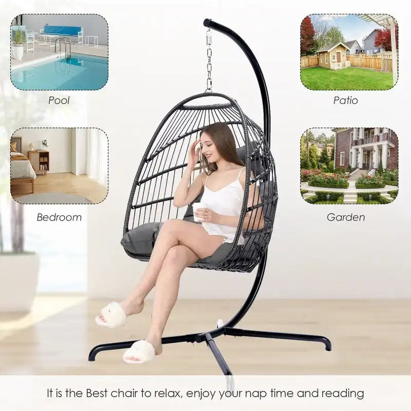 FINCATI Indoor Egg Swing Chair with Stand, 350 lbs Hanging Egg Chair with Stand, Outdoor Patio Wicker Hammock with Stand