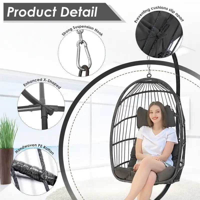 FINCATI Indoor Egg Swing Chair with Stand, 350 lbs Hanging Egg Chair with Stand, Outdoor Patio Wicker Hammock with Stand