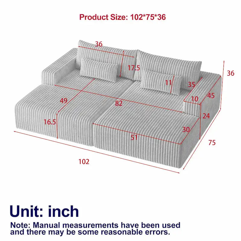 102 Corduroy Cloud Chaise Sectional with Reclining Sofa Bed, No-Assembly Design & Ergonomic Backrest