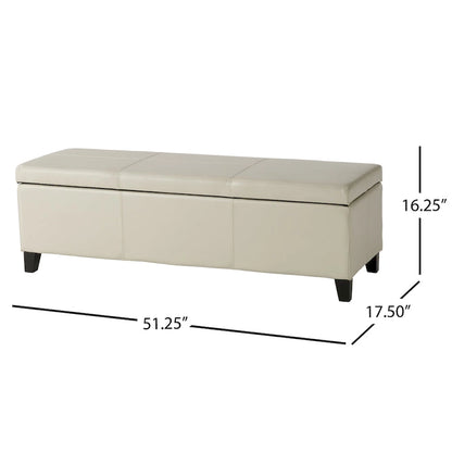 Elias Storage Ottoman Bench, Detailed Ivory Faux Leather, 51 Inch