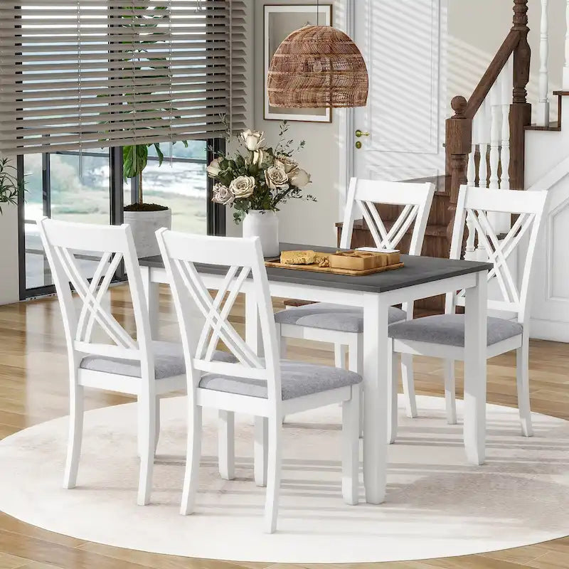 5 Piece Wood Table and Chair Set, Kitchen Dining Table Set for 4 with Rectangle Table and 4 X-Back Upholstered Chairs