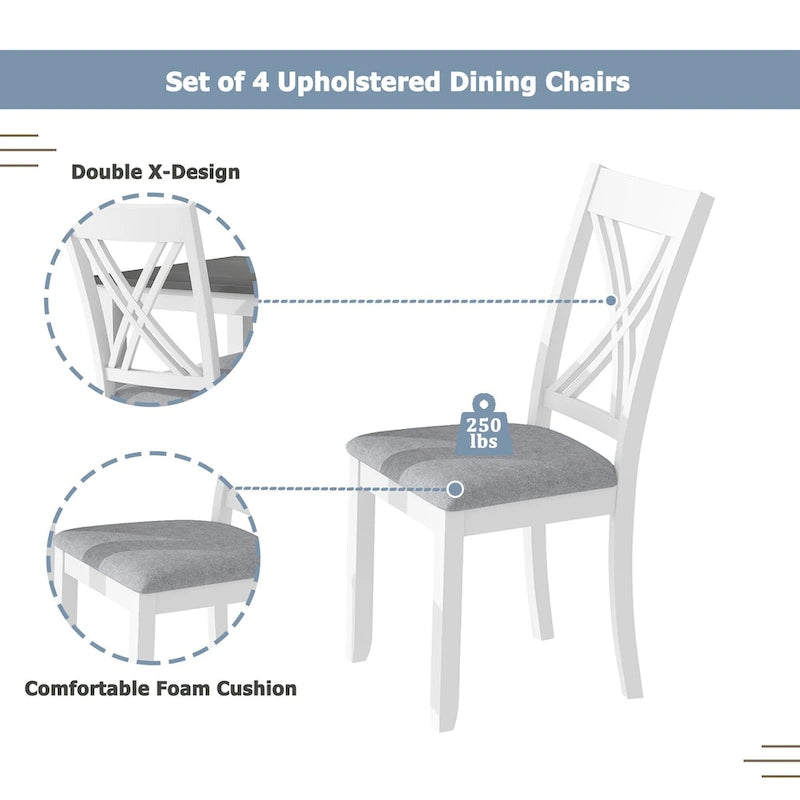 5 Piece Wood Table and Chair Set, Kitchen Dining Table Set for 4 with Rectangle Table and 4 X-Back Upholstered Chairs