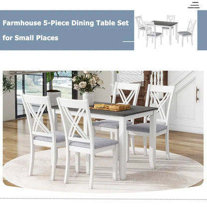 5 Piece Wood Table and Chair Set, Kitchen Dining Table Set for 4 with Rectangle Table and 4 X-Back Upholstered Chairs