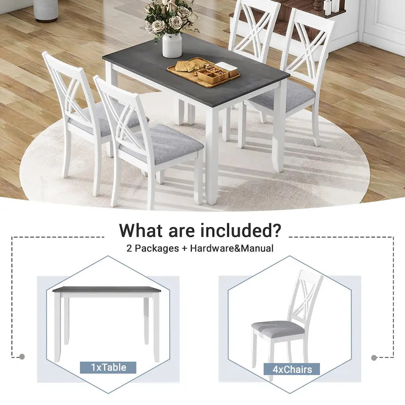 5 Piece Wood Table and Chair Set, Kitchen Dining Table Set for 4 with Rectangle Table and 4 X-Back Upholstered Chairs