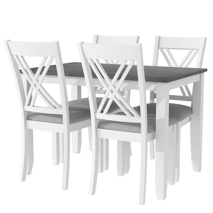 5 Piece Wood Table and Chair Set, Kitchen Dining Table Set for 4 with Rectangle Table and 4 X-Back Upholstered Chairs