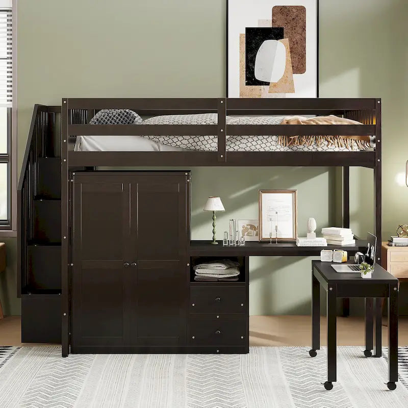 Full Size Loft Bed with Stairs, Bookshelf, Desk & Wardrobe - Space-Saving Multifunctional Furniture for Kids & Teens-White