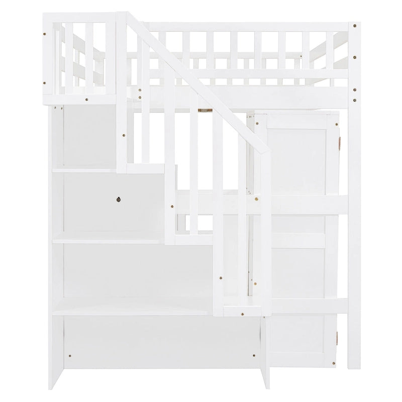Full Size Loft Bed with Stairs, Bookshelf, Desk & Wardrobe - Space-Saving Multifunctional Furniture for Kids & Teens-White