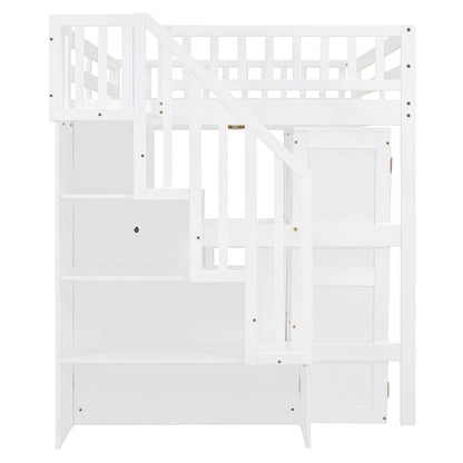 Full Size Loft Bed with Stairs, Bookshelf, Desk & Wardrobe - Space-Saving Multifunctional Furniture for Kids & Teens-White