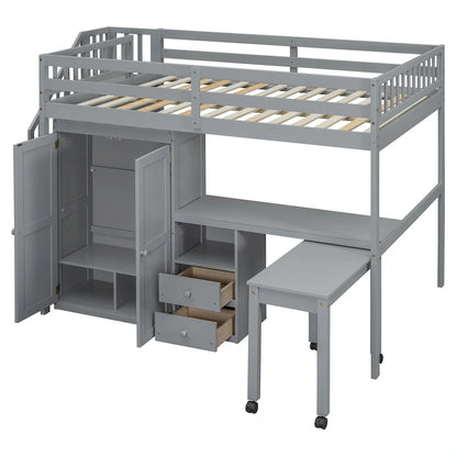 Full Size Loft Bed with Stairs, Bookshelf, Desk & Wardrobe - Space-Saving Multifunctional Furniture for Kids & Teens-White