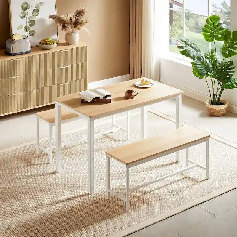 Industrial Rectangle Dining Table Set with 2 Benches Breakfast Nook Dining Table Set Kitchen Dining Table Set Metal Legs