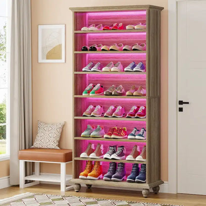 9-Tier Narrow Tall Shoe Storage Cabinet with LED Lighting for Living Room