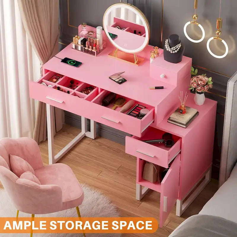 Vanity Desk with 4 Storage Drawers,Modern Makeup Vanity Table with Charging Station